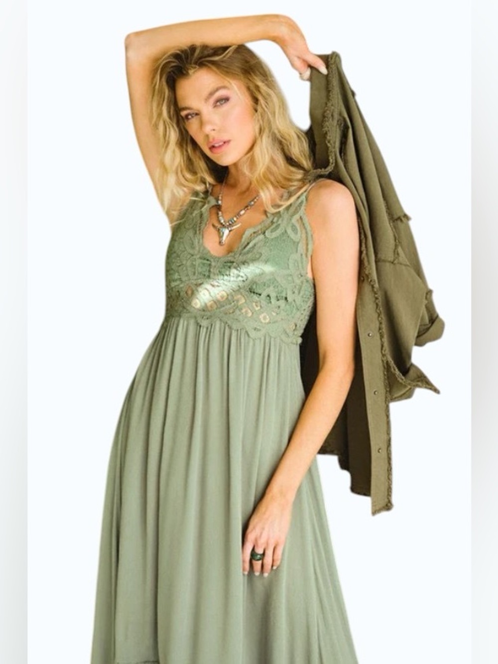 Southern Fried Chics Boho Valentina Lace Maxi Dress Soft Olive Size XL